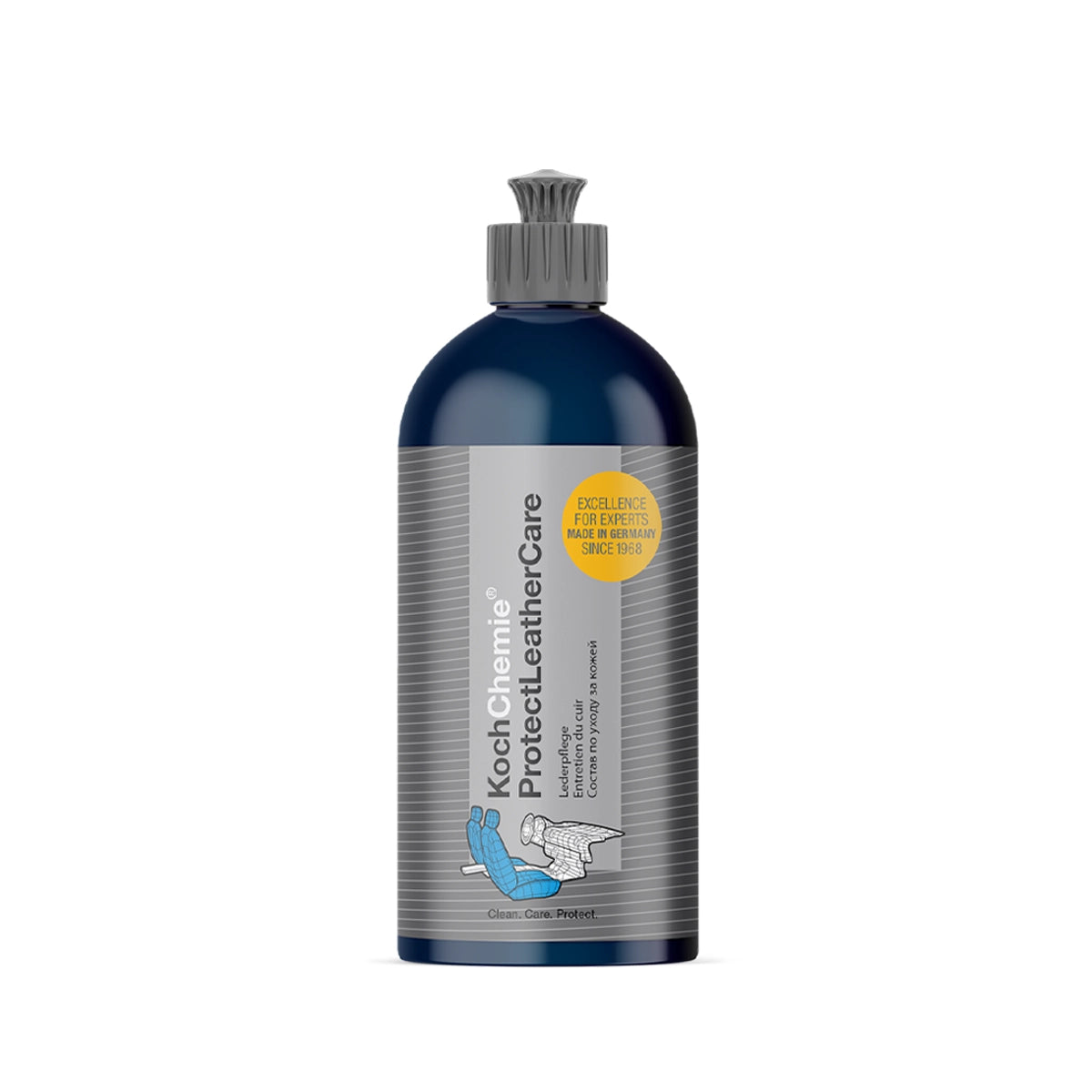 Koch Chemie Protect Leather Care 500ml, approved by Daimler, BMW, and VW, refreshes leather color and enhances its natural aroma.