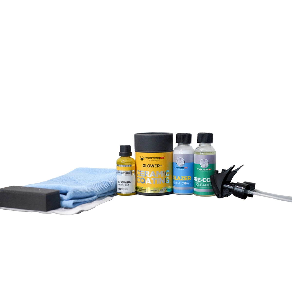 MenzaPro Glower+ Ceramic Coat enhances vehicle shine with a hydrophobic, chemical-resistant layer for long-lasting durability.