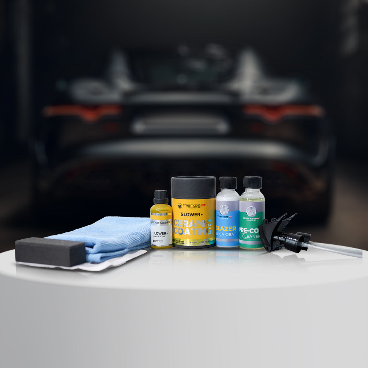 MenzaPro Glower+ Ceramic Coat Premium Kit provides a high-gloss finish and extreme protection against UV rays, dirt, and contaminants.