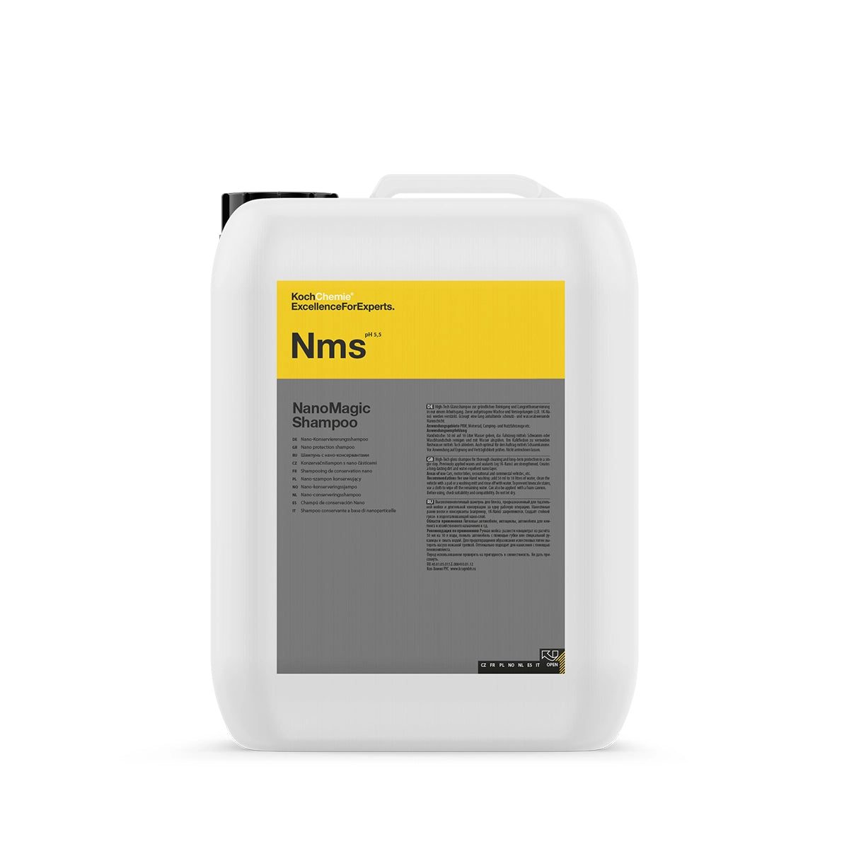 Nano Magic Shampoo by Koch Chemie, 10 KG, enhances shine, protects surfaces, and supports ceramic coating maintenance.