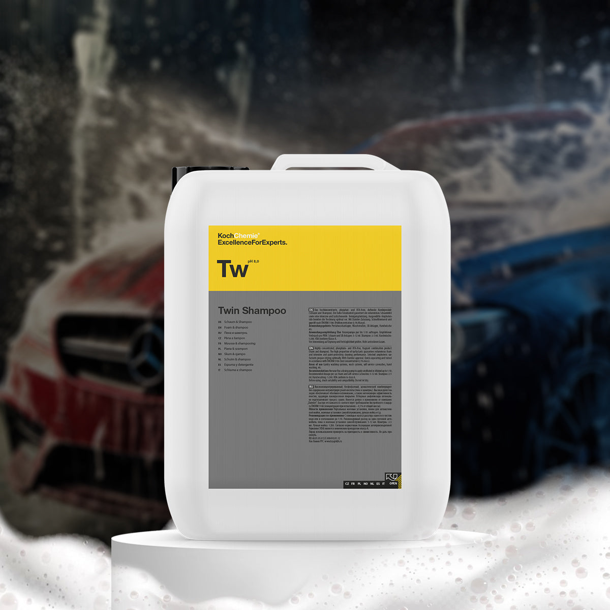 Koch Chemie Twin Shampoo 21 Kg, a concentrated foam and shampoo combo, ideal for car washes and hand washing with a fruity fragrance.