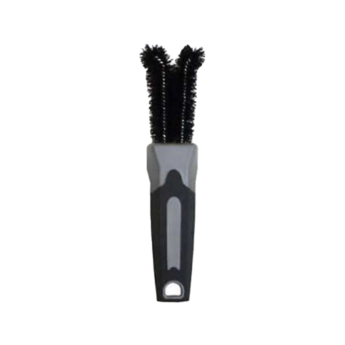 Lug nut cleaning brush with dual-wire loops and a soft rubber grip, designed for precise and efficient wheel maintenance.