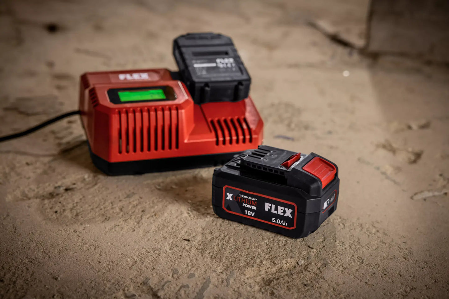 Flex CA 10.8/18.0 fast charger with wall-mount capability, ensuring convenient storage and accessibility.