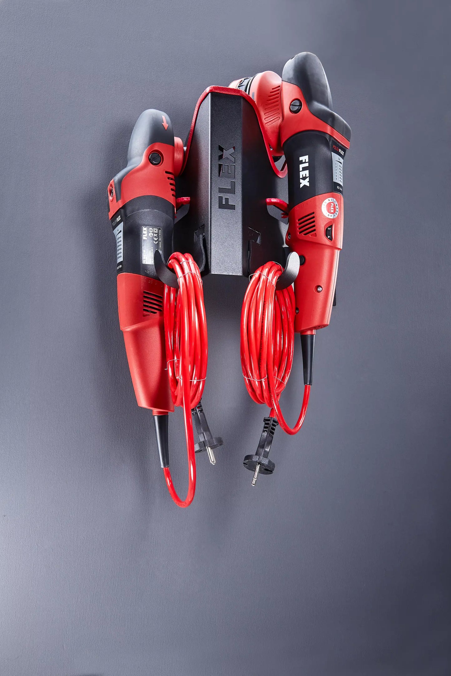 Space-saving Flex WHP-1 AC/DC Polisher Holder – sturdy wall bracket with scratch protection, perfect for storing two polishers securely.