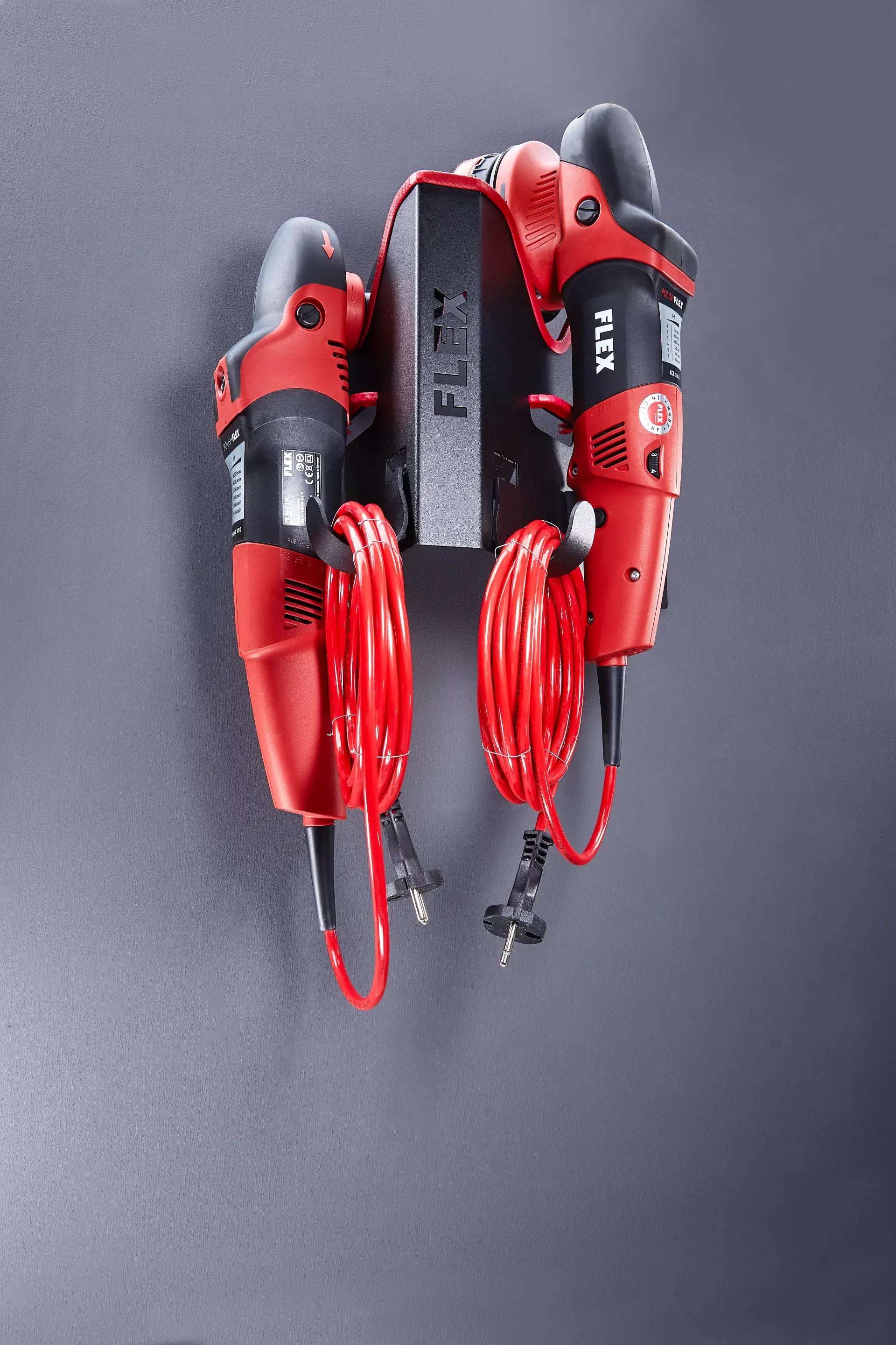 Space-saving Flex WHP-1 AC/DC Polisher Holder – sturdy wall bracket with scratch protection, perfect for storing two polishers securely.