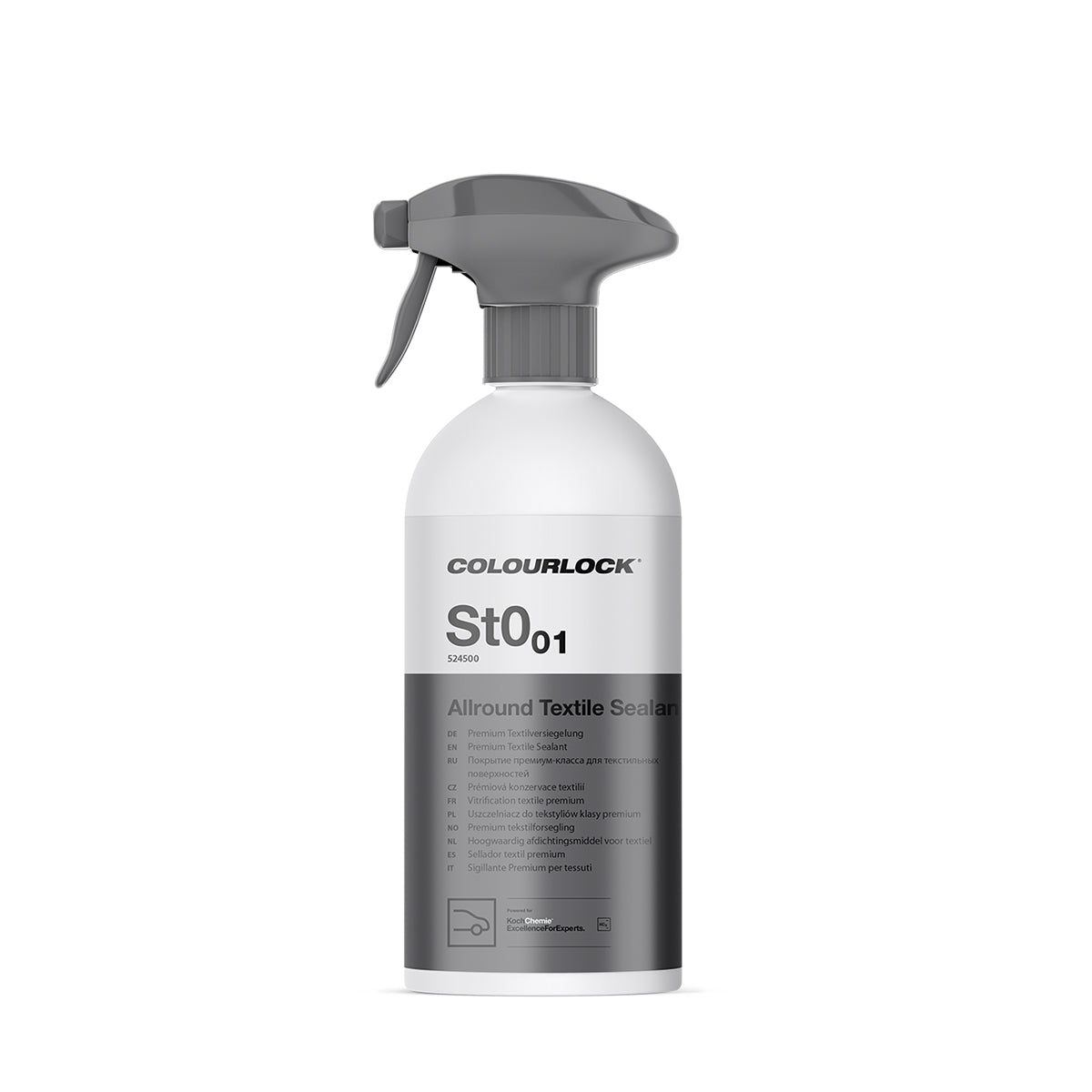 A spray bottle of Koch chemie Allround Textile Sealant with a gray label and white background.