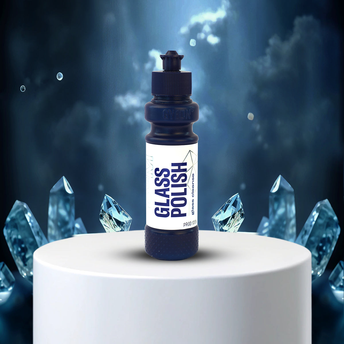 Glass polish bottle with crystals on a dark background