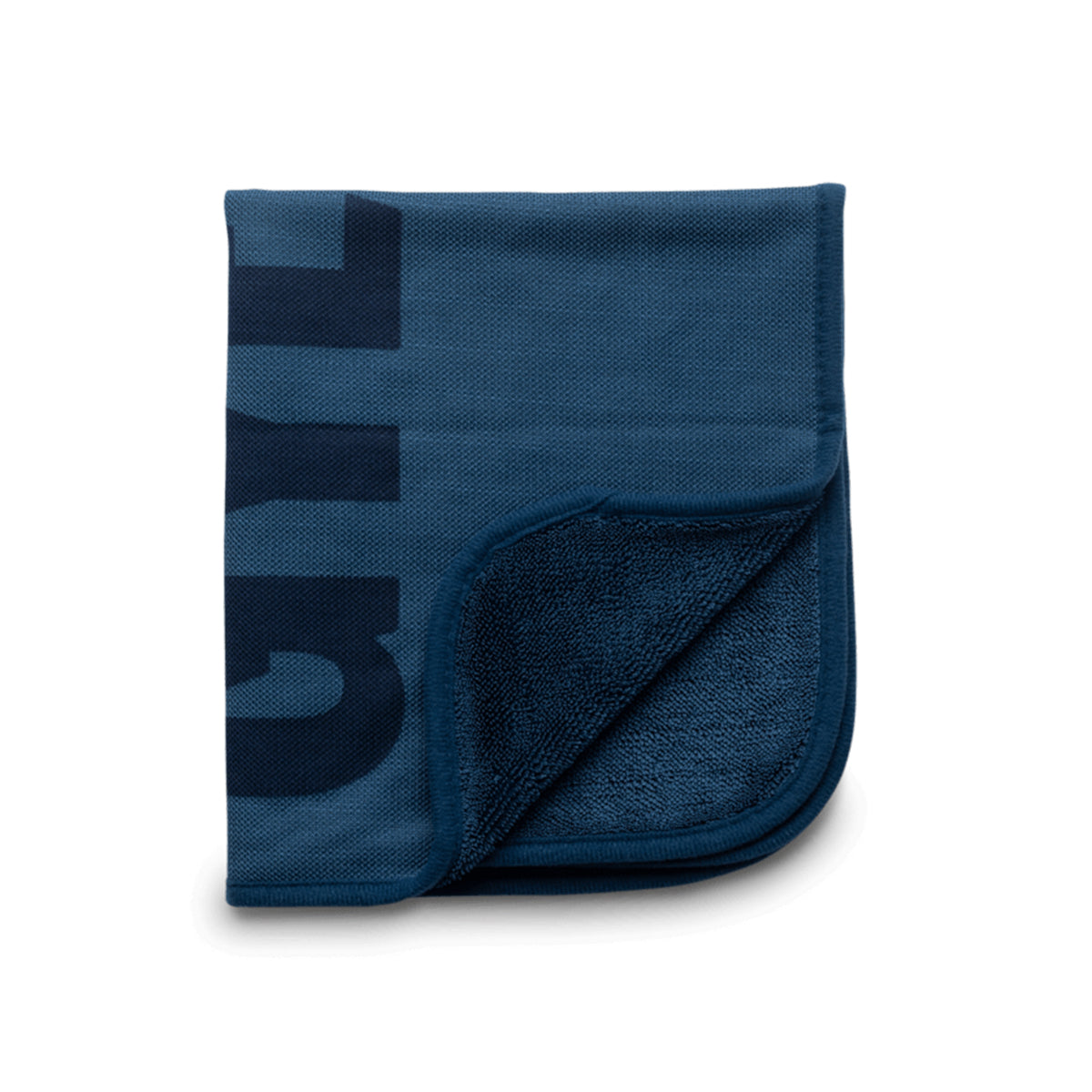 Blue towel with brand logo on a white background