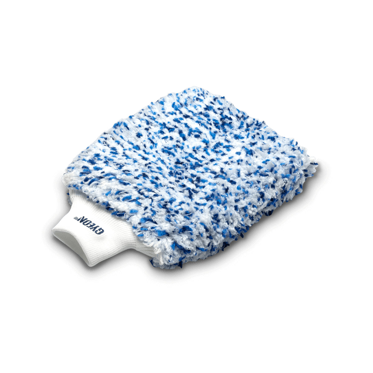 Blue and white speckled mitt with a white handle on a white background