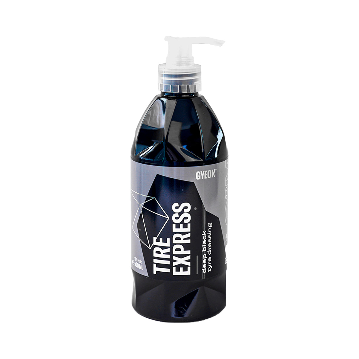 Bottle of GYEON Tire Express deep black tire cleaning product on a white background