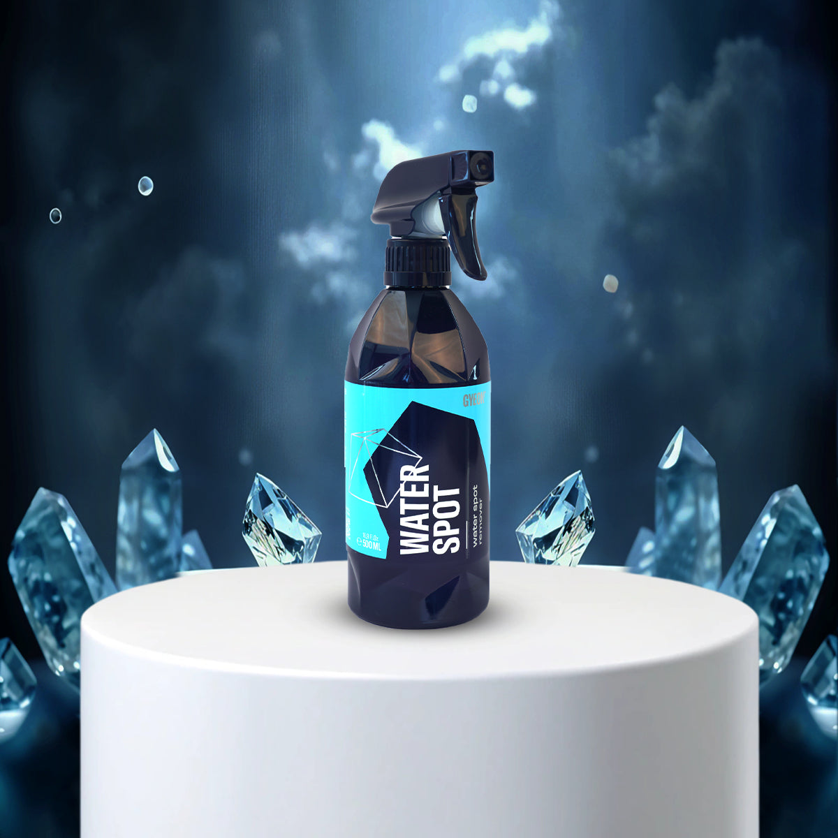 Spray bottle labeled 'Water Spot' with crystal-like formations on a dark background