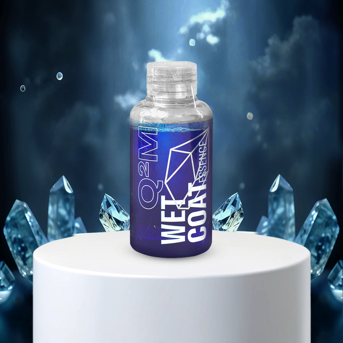 Q2M Wet Coat Essential bottle on a white pedestal with crystal-like decorations against a dark blue background