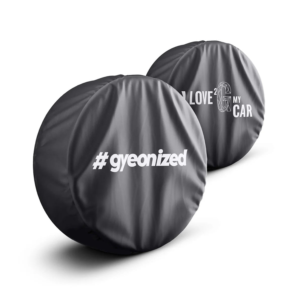 Two gray tire covers with text on a white background