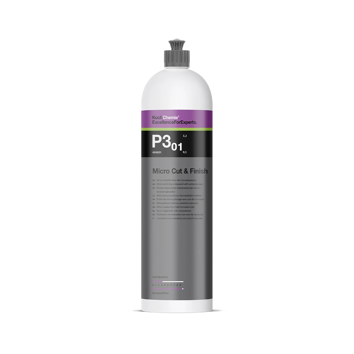 Koch Chemie Micro Cut & Finish P3.01 1 Litre, designed for removing fine scratches and holograms, delivering a flawless paint finish on dark and sensitive hues.