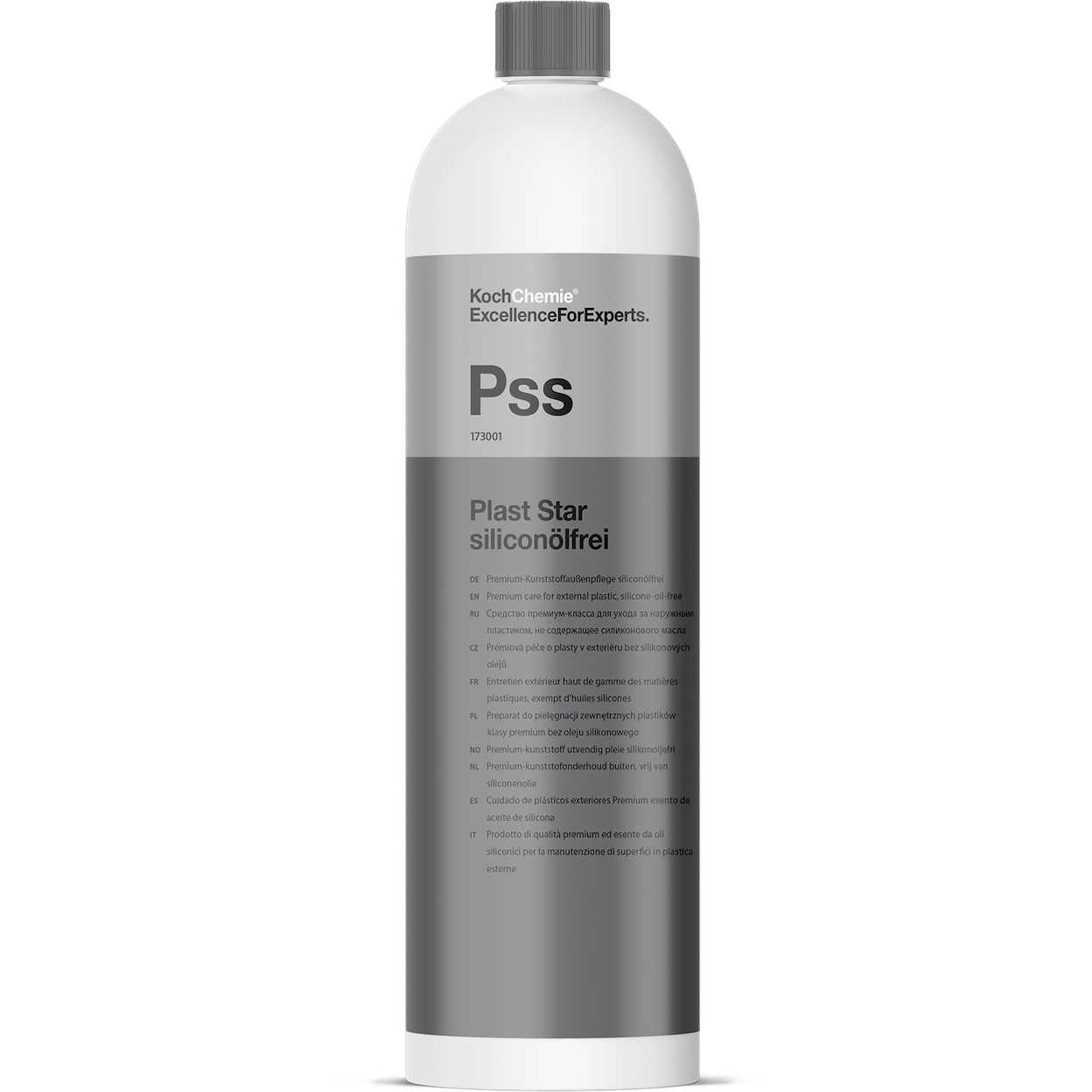 Koch Chemie Plast Star Siliconolfrei bottle, primarily white and gray in color, with product details.