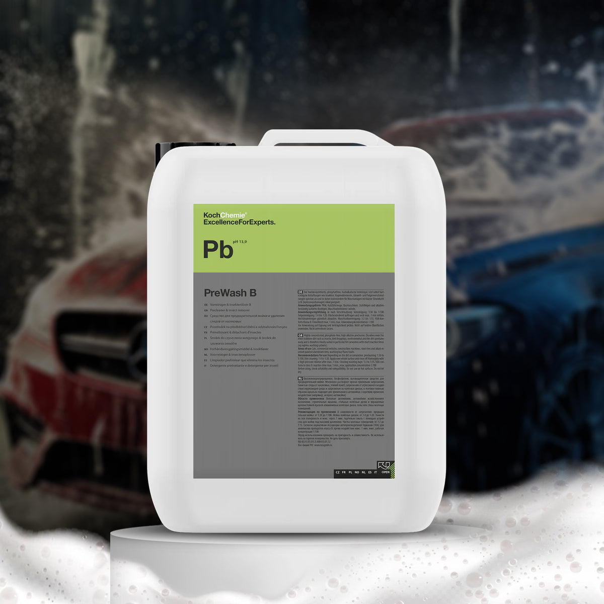 Koch Chemie ProWash B container with a blurred background of a car wash.