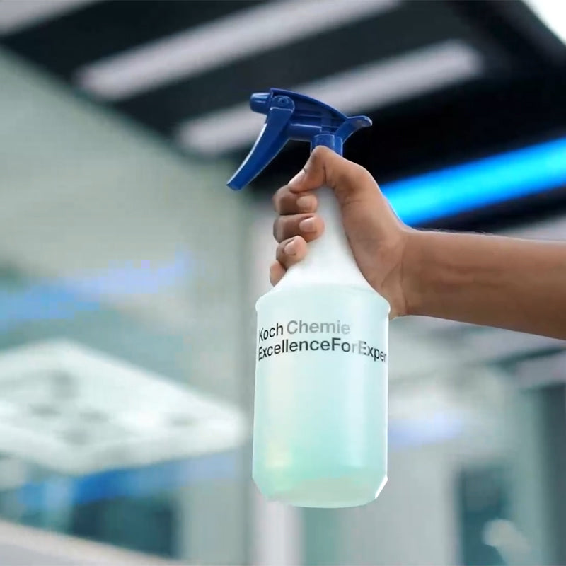 Koch Chemie Cylindrical Bottle 1L, crafted from premium HDPE, perfect for automotive detailing with easy spray head integration.