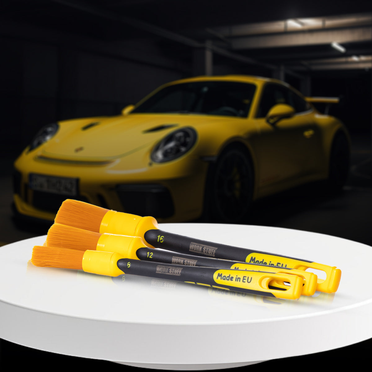 Work Stuff Detailing Brush Rubber Albino Orange with soft synthetic bristles and rubber grip, ideal for delicate interior car cleaning.