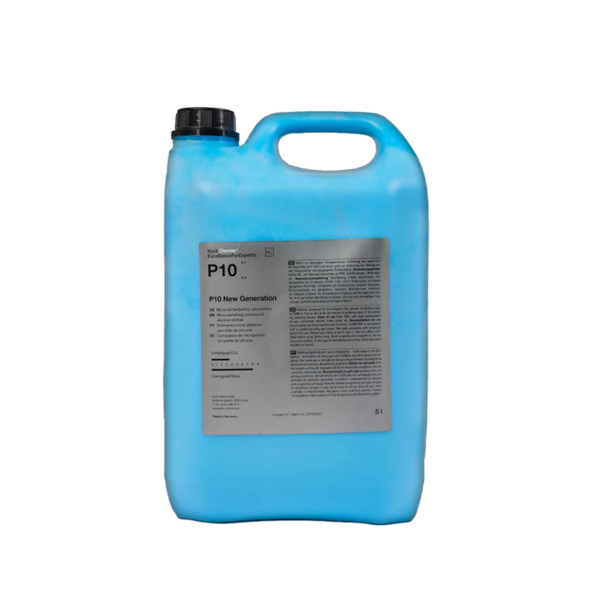 Silicone-free Koch Chemie P10 Micro Polishing Compound 5 Ltr, ideal for fresh paintwork and orbital polishing machines