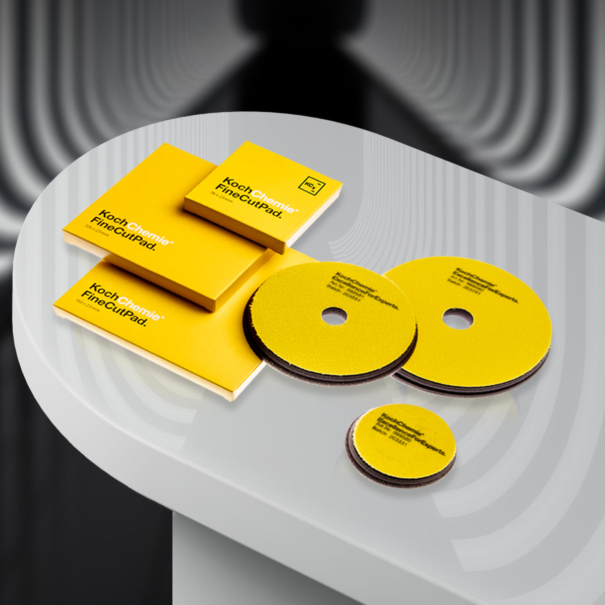 Koch Chemie Fine Cut Pad Yellow 150 x 23mm, a medium-abrasive polishing pad designed for removing minor scratches and weathering.
