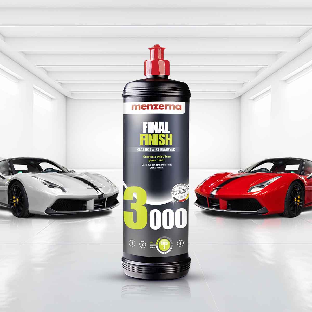 Menzerna Final Finish (FF 3000) 1 L, water-based formula ideal for both new and old car paint, restoring depth and gloss without fillers or wax.