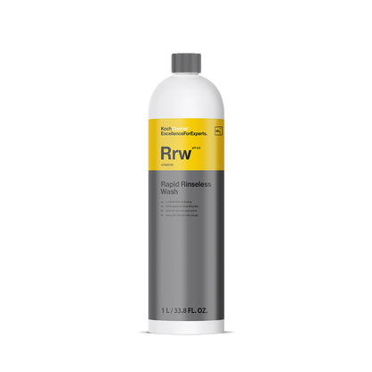 A bottle of Koch Chemie Rapid Rinseless Wash, primarily in gray and yellow color scheme, with product details and branding visible.