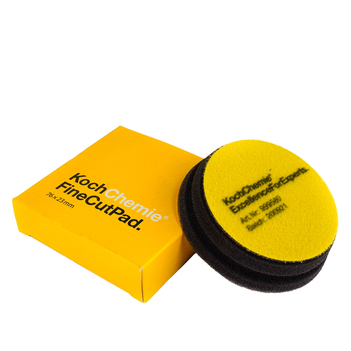 Yellow Koch Chemie Fine Cut Pad (3”), 76x23 mm, designed for exterior detailing and superior scratch removal.