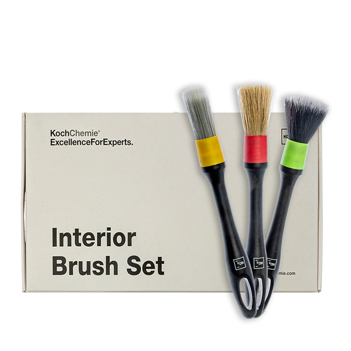 Color-coded interior brushes for cleaning vents, displays, and foot pedals, part of the Koch Chemie Vikan set