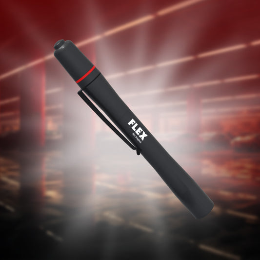 Flex SF 150-P Swirl Finder Pocket Light with adjustable focus, highlighting scratches and holograms for precise surface inspection.