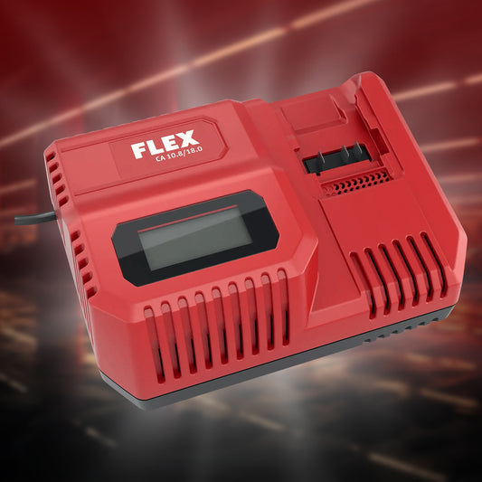 Flex CA 10.8/18.0 rapid charger with LCD display for real-time battery diagnostics and fast charging.