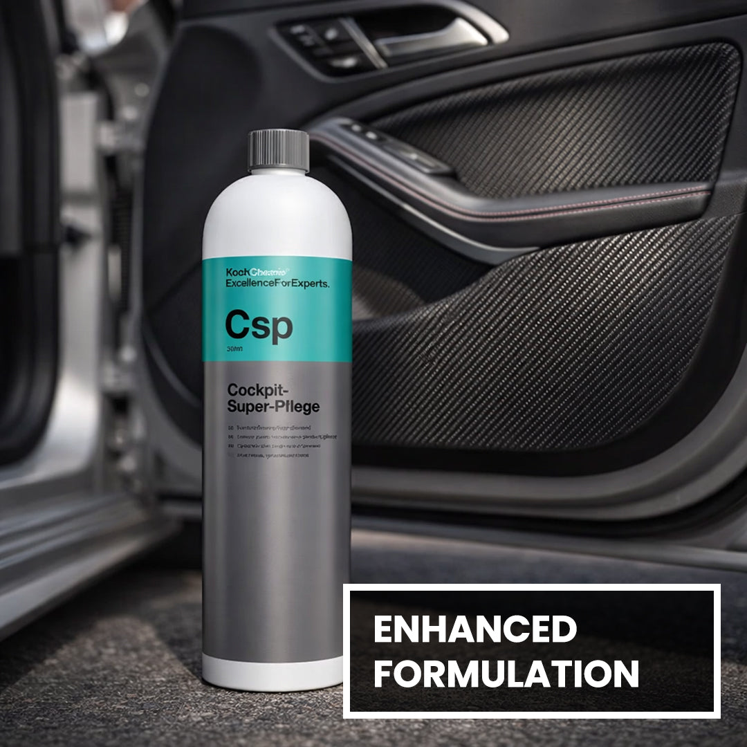 Koch Chemie Cockpit-Super Pflege 1L Interior cleaner details on dark background 