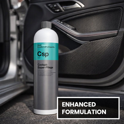 Koch Chemie Cockpit-Super Pflege 1L Interior cleaner details on dark background 