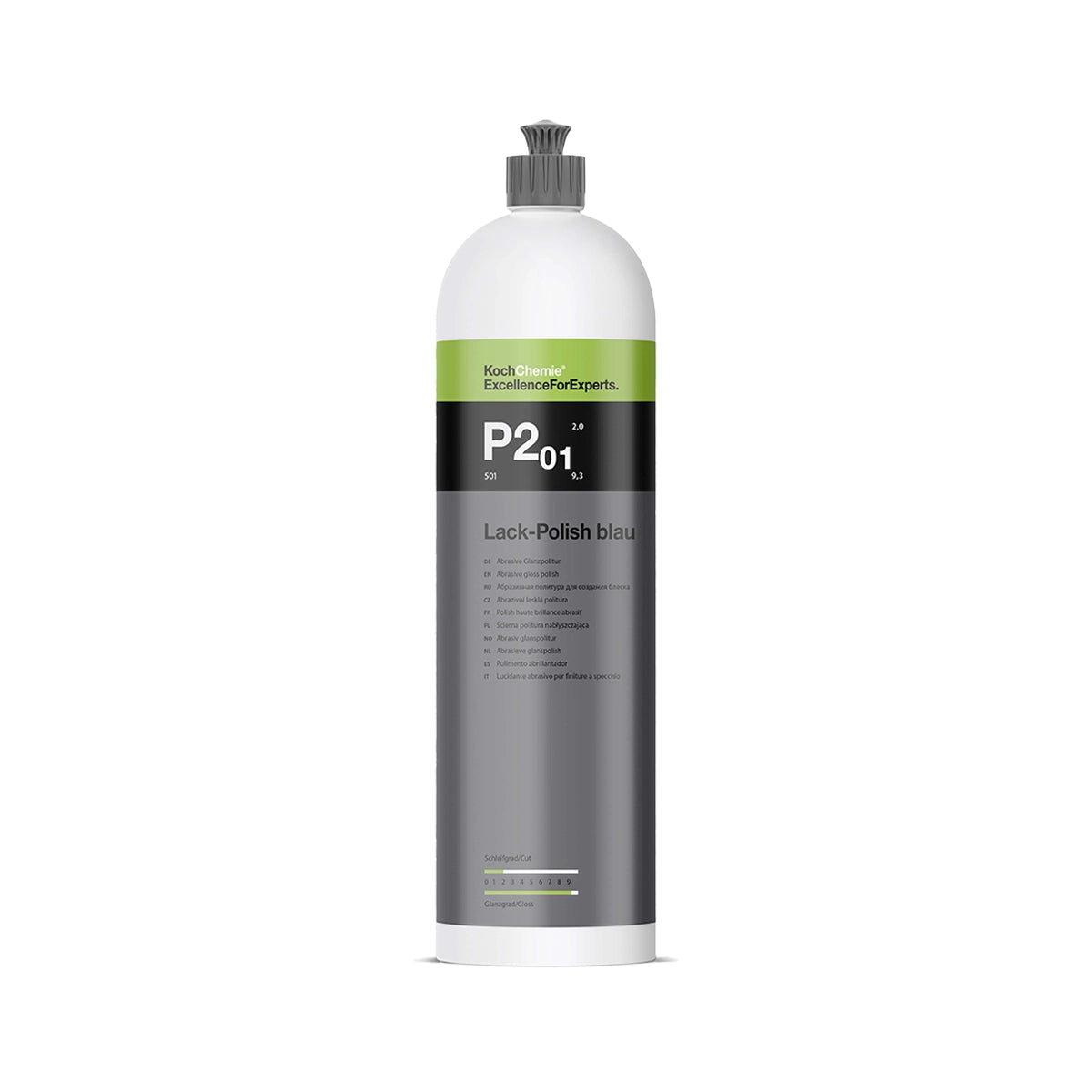 1-litre bottle of Koch Chemie Lack-Polish blau P2.01, ideal for refining fresh to medium-aged gloss paint.