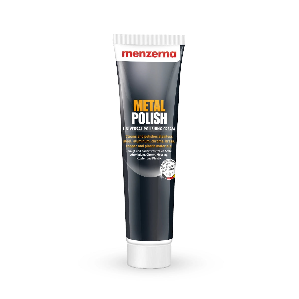 Menzerna Metal Polish cream in a 125gms tube, ideal for cleaning and polishing gold, silver, stainless steel, and more with a safe protective finish.