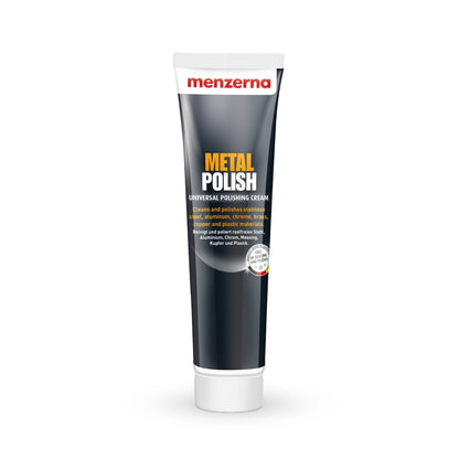 Menzerna Metal Polish cream in a 125gms tube, ideal for cleaning and polishing gold, silver, stainless steel, and more with a safe protective finish.