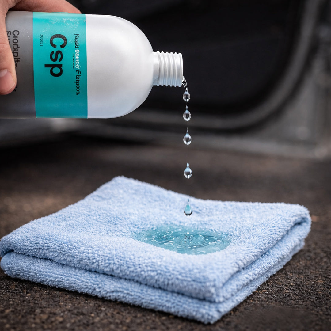 Koch Chemie Cockpit-Super Pflege 1L Interior cleaner pouring in microfiber