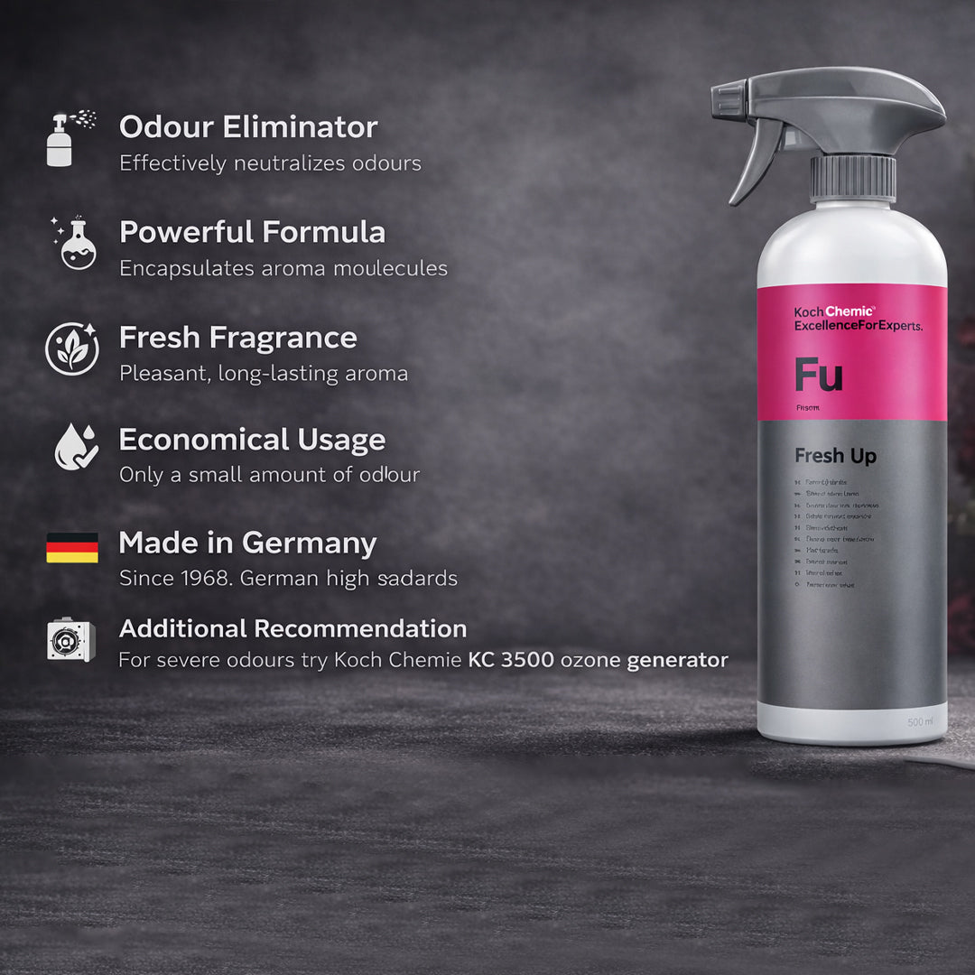 Koch Chemie Fresh Up 1Ltr Vehicle Air Fresheners with detail on dark background
