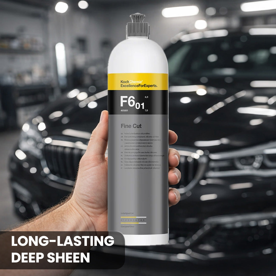 Koch Chemie Fine Cut F6.01 1 Litre, a silicone-oil-free polishing compound in hand view closeup