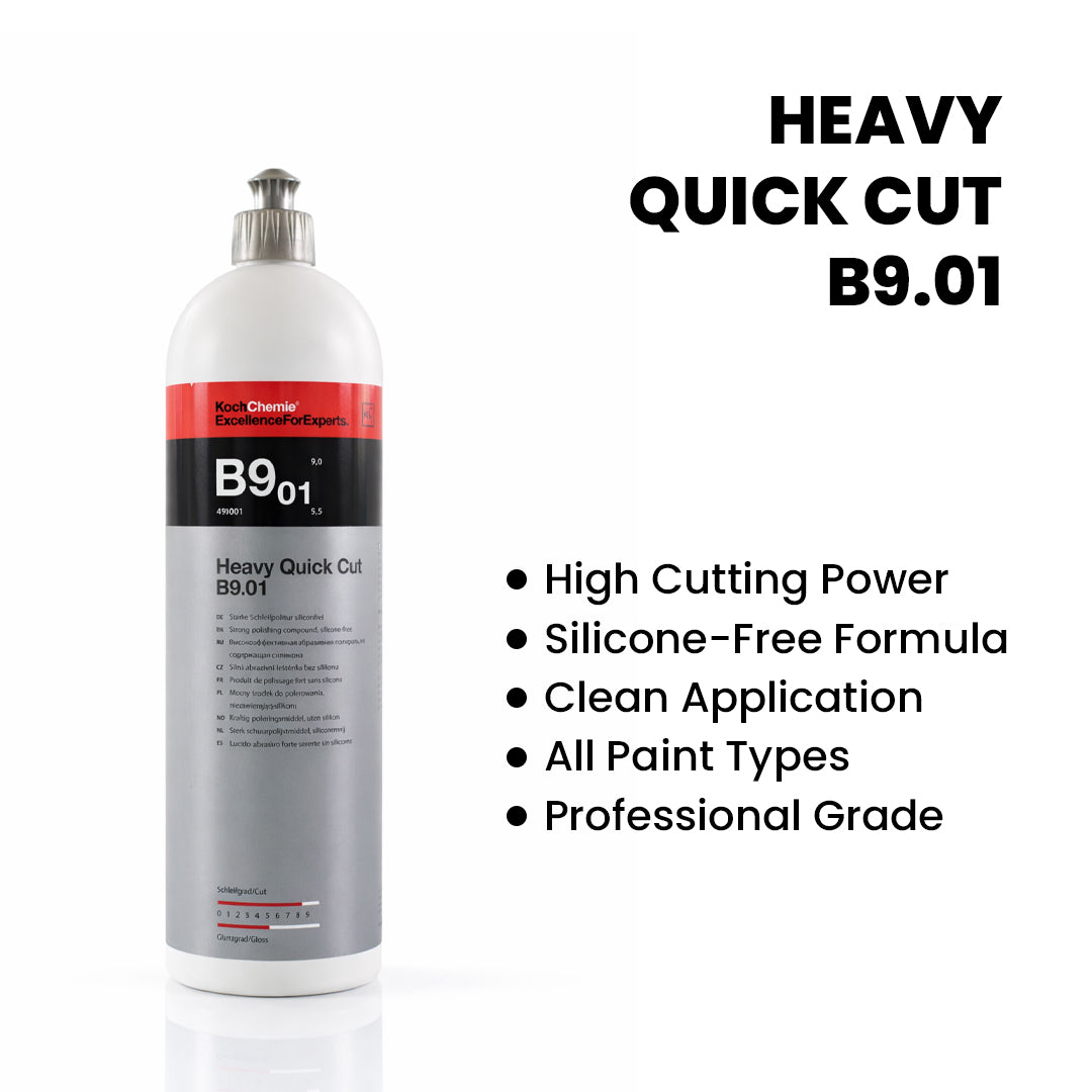 Koch Chemie Heavy Quick Cut B9.01  250ml Polishing Compound with details on white background