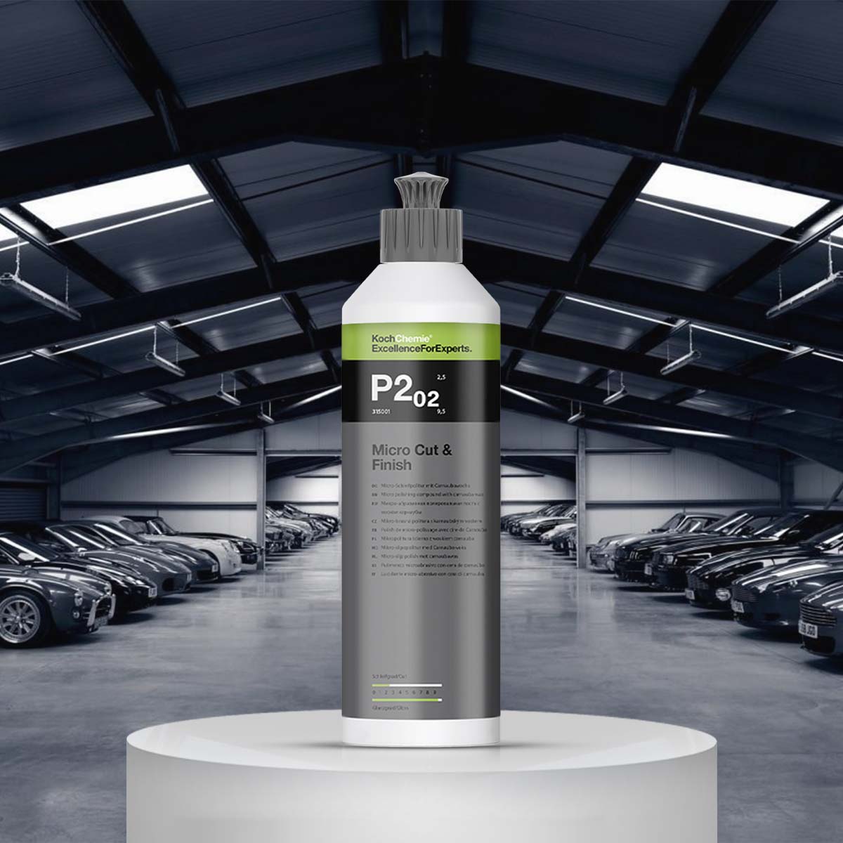 Koch Chemie Micro Cut & Finish P2.02 250ml, a high-performance machine polish that eliminates streaks and fine scratches for a flawless finish.