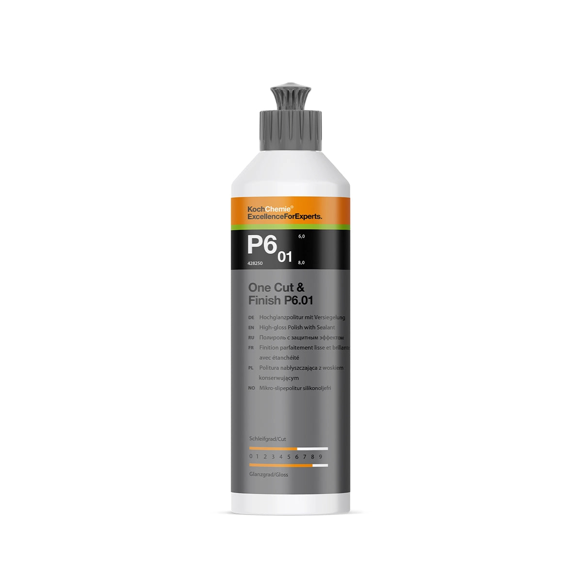 Koch Chemie One Cut & Finish P6.01 250ml, a cutting and finishing polish for achieving a flawless finish on car surfaces.