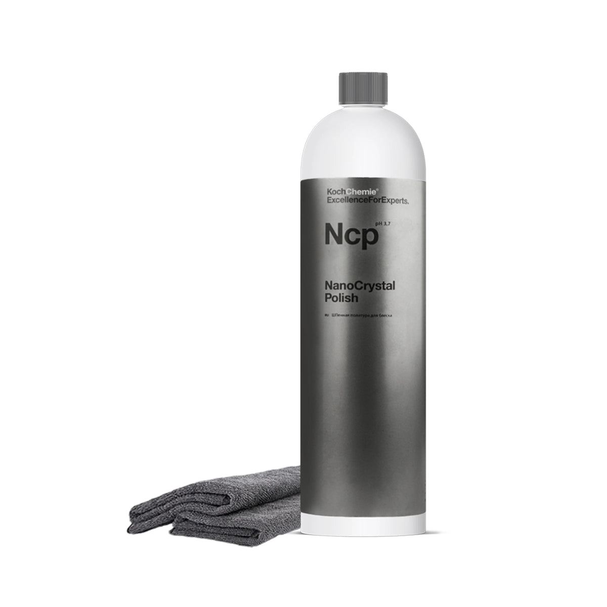 Koch Chemie Nano Crystal Shampoo, 1L bottle, enhanced with micro-emulsion technology, paired with two 380 GSM microfiber towels for efficient cleaning.