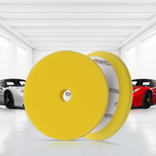 Menzerna Premium Medium Cut Foam Pad Yellow 150mm with durable foam and safety edge, perfect for polishing light scratches and surface imperfections.