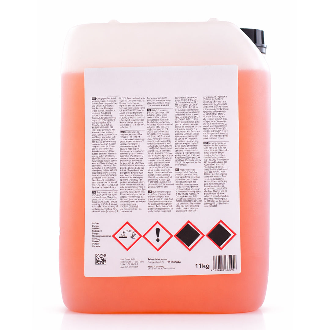 Koch Chemie Felgenreiniger Extrem 11 kg Rim Cleaner in transparent can back view on white background