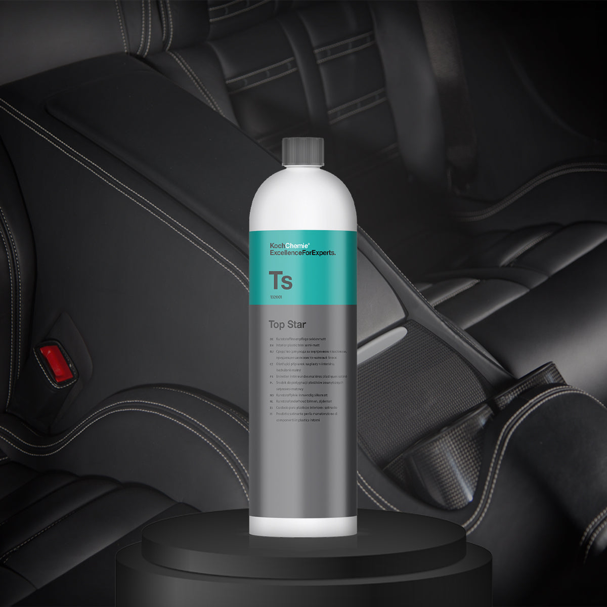 Koch Chemie Top Star 1L dashboard and interior dressing, providing a semi-gloss finish and UV protection for plastic and rubber surfaces.
