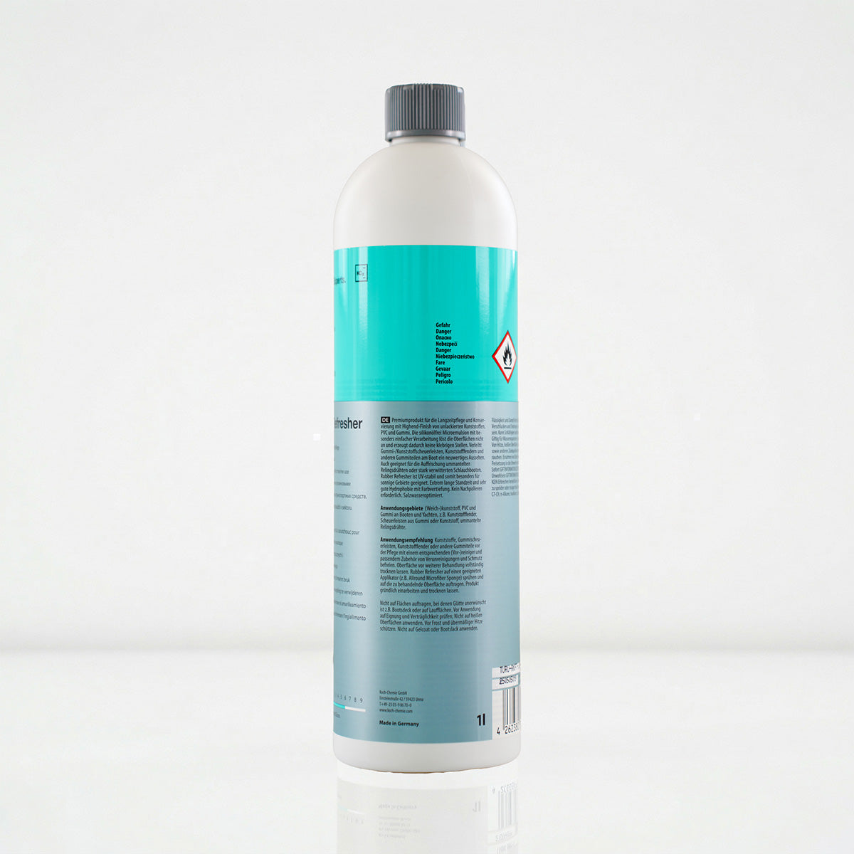 Koch Chemie Rubber Refresher 1L Rubber and Plastic Care left side view on gray background