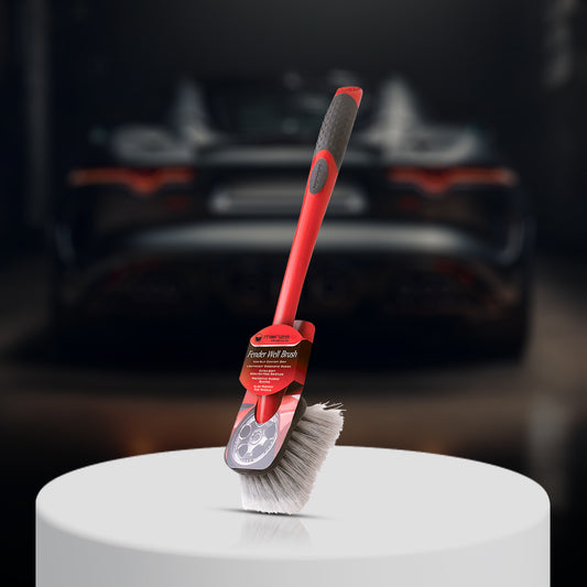 MenzaPro Fender Well-Brush with non-slip rubber grip and long handle for deep cleaning fenders and wheel wells.