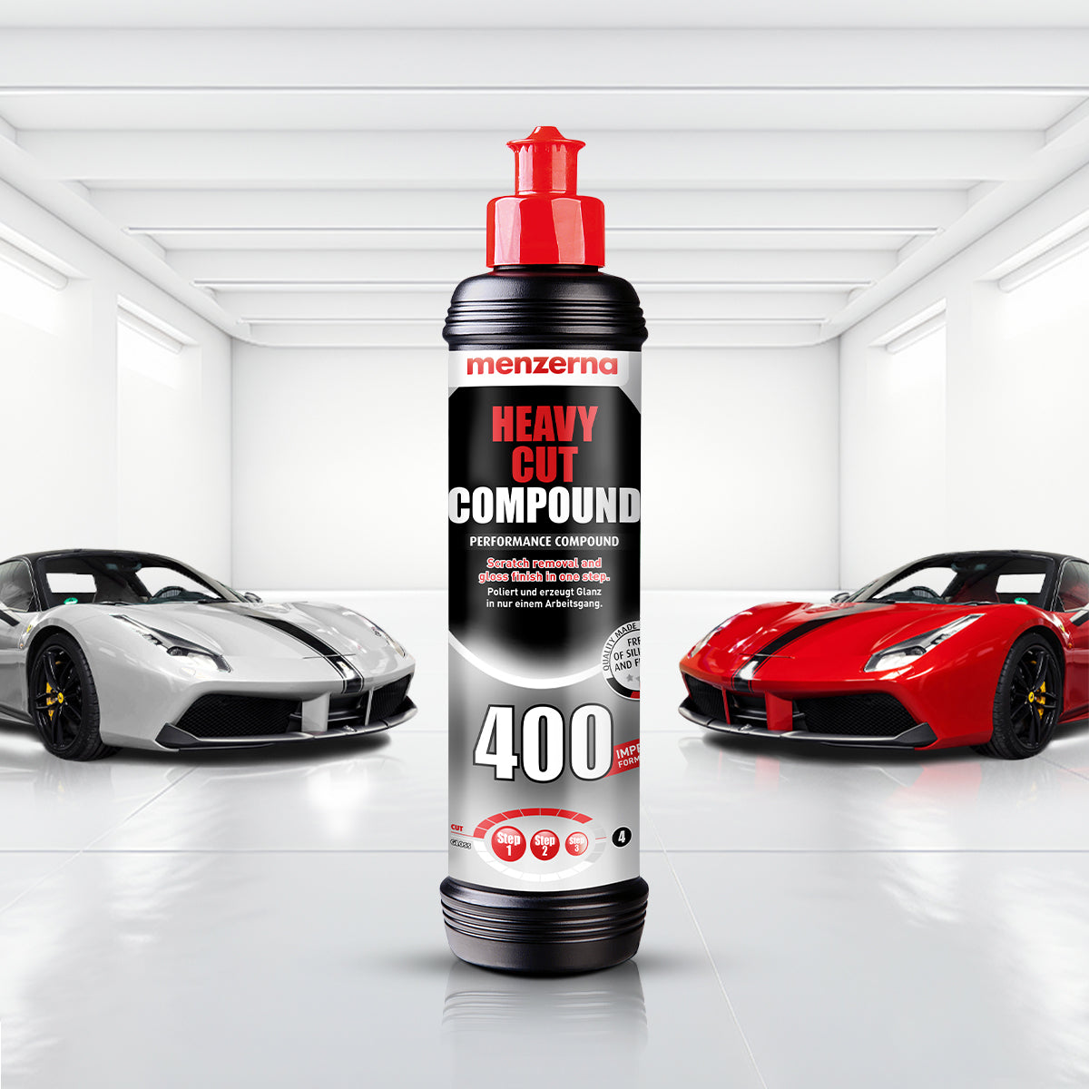 Menzerna Heavy Cut Compound 400, versatile for rotary or dual-action polishers, ensuring dust-free, efficient detailing