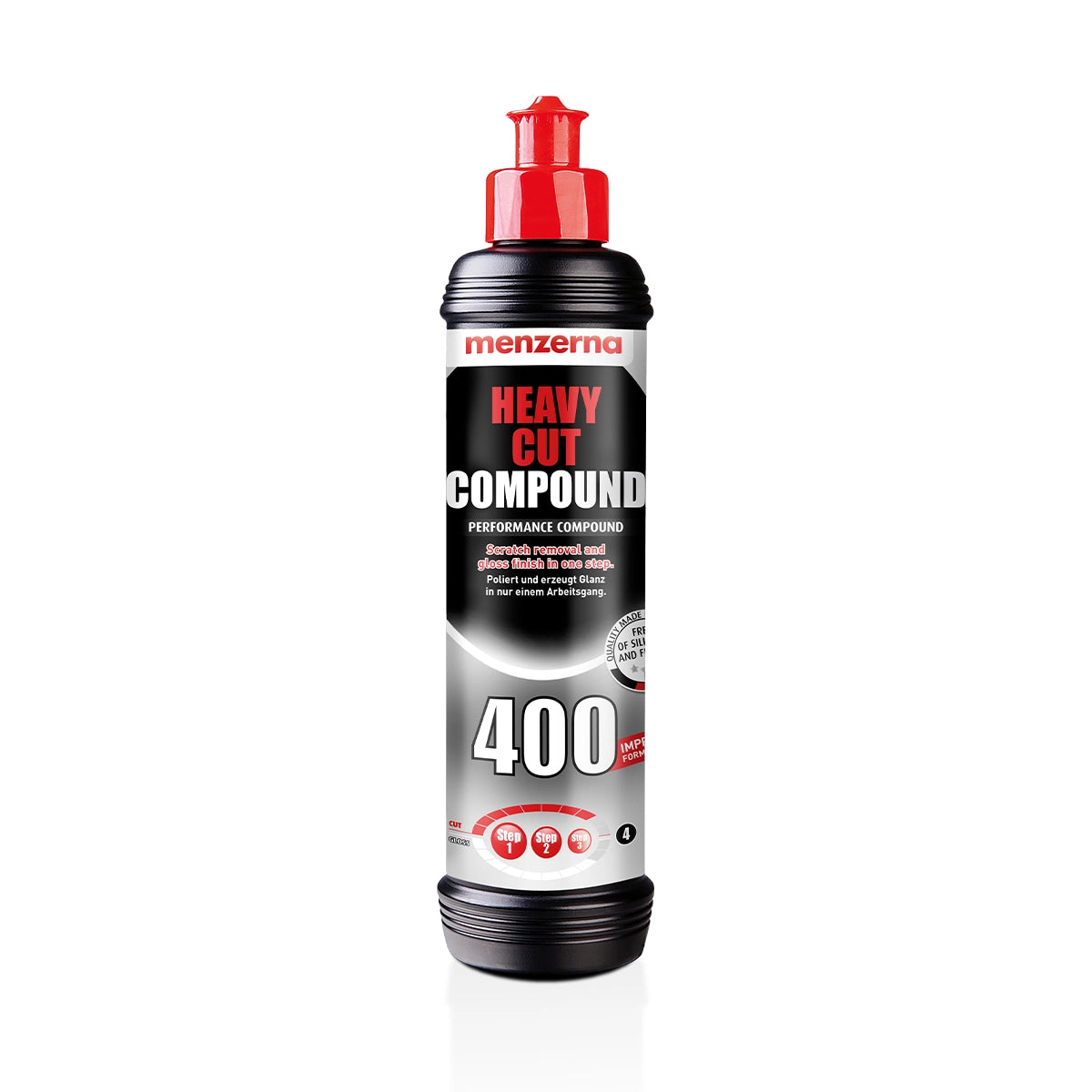 Menzerna Heavy Cut Compound 400, 250ml bottle, designed to remove heavy scratches, swirls, and 1200 grit sanding marks with a high-gloss finish