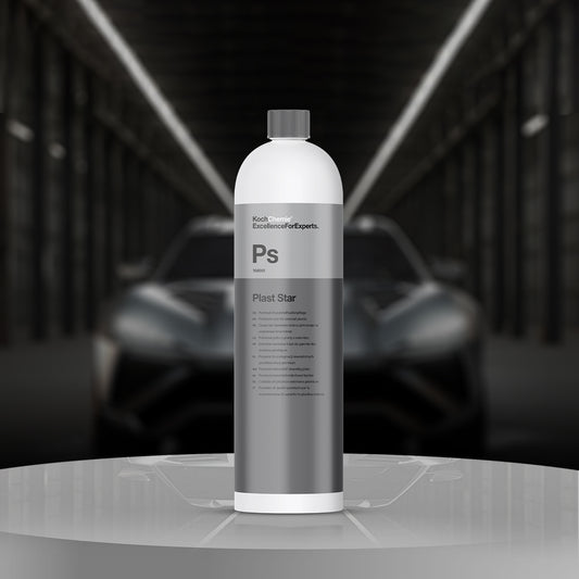 Koch Chemie Plast Star 1L, premium care for external plastics, restores semi-matte finish with long-lasting UV protection.